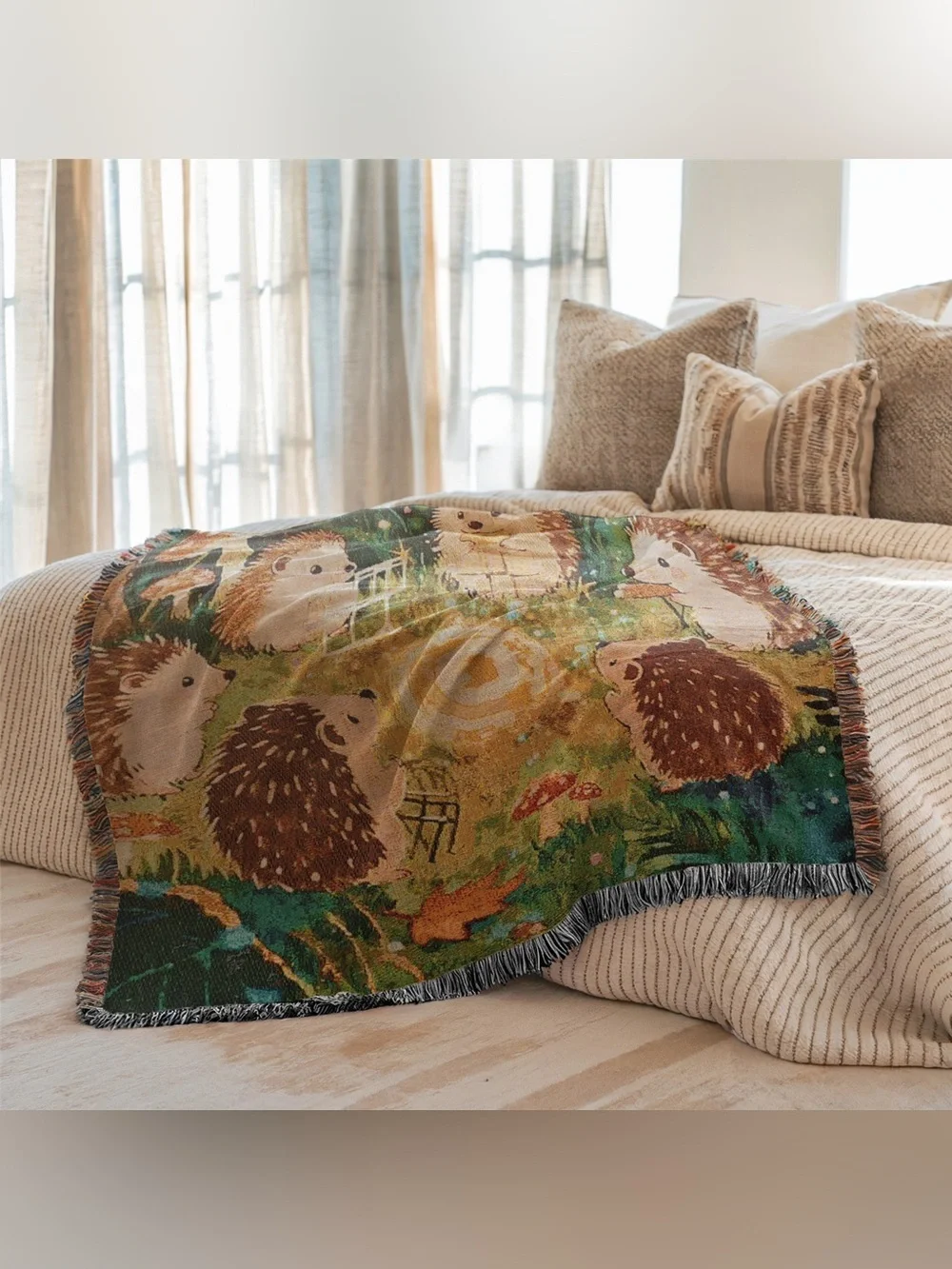 Cottagecore Hedgehog Campfire Throw Blanket Whimsical Forest Fringe Tapestry NWT